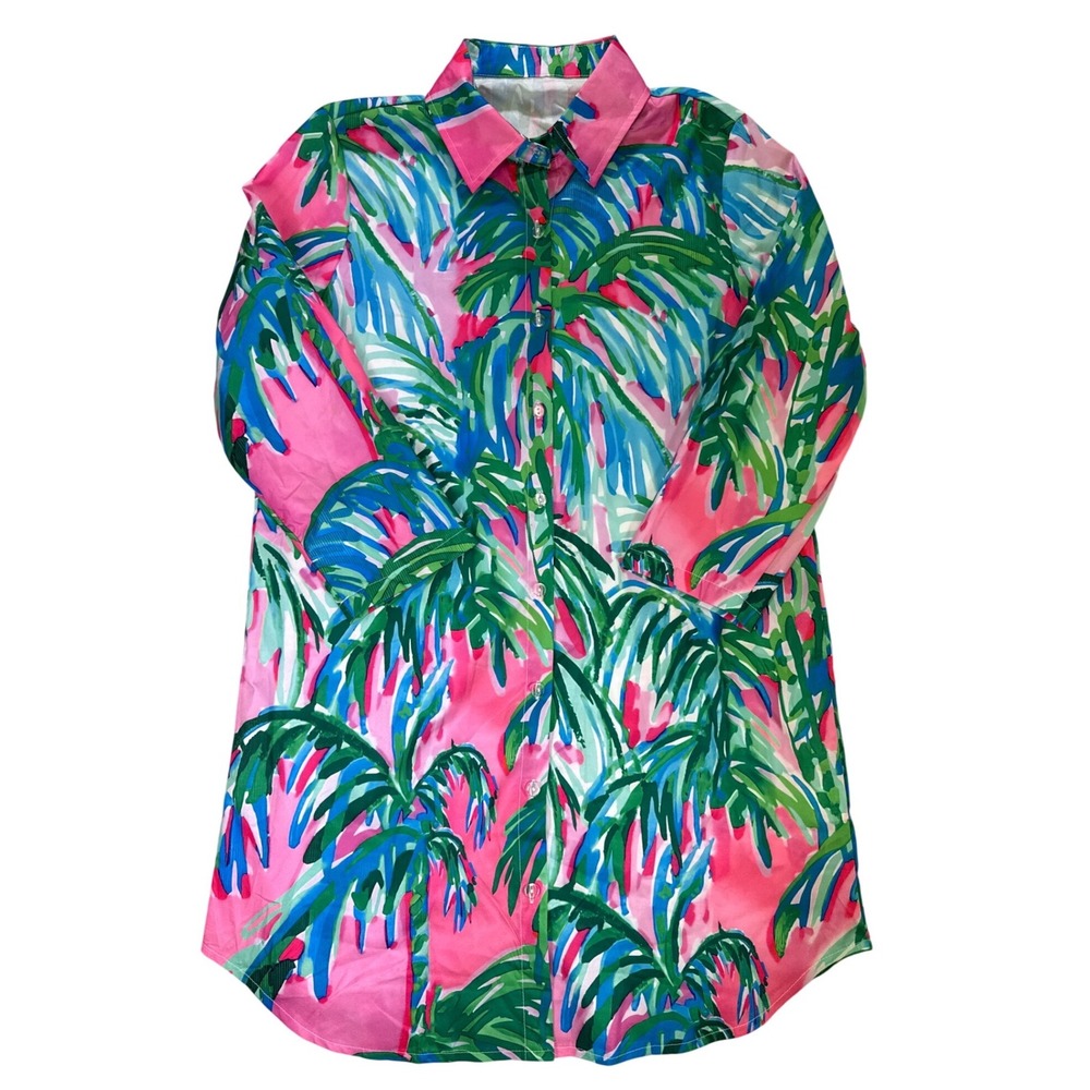 Tropical Palm Print Button Down Shirt Dress Cover up Pink Green Blue Size M